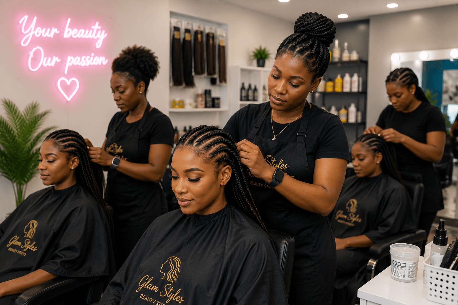 A stylist braiding a client's hair in a modern salon